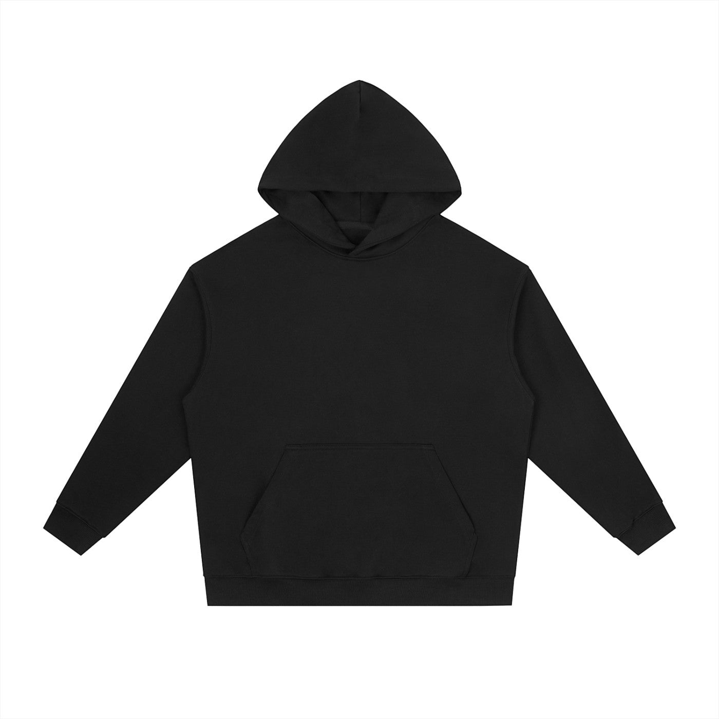 Omina Studio black heavyweight fleece drop-shoulder hoodie with front pocket and double-layer hood.