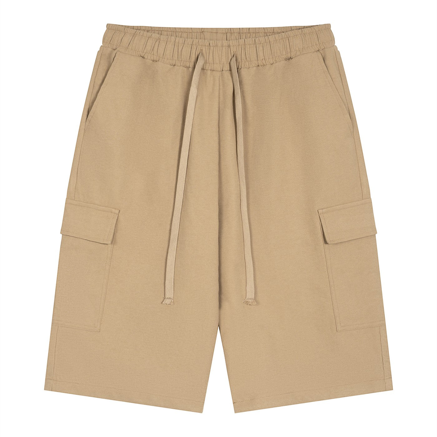 Omina beige polyester cargo shorts with drawstring elastic waistband and functional side pockets. Relaxed unisex fit.