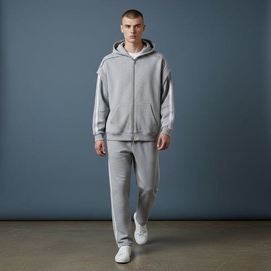 Omina grey cotton blend zip-up hoodie with raw edge detailing and contrast tape on sleeves. Oversized fit.