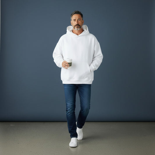 Omina white heavyweight cotton blend hoodie with oversized fit, drop shoulders, and kangaroo pocket.