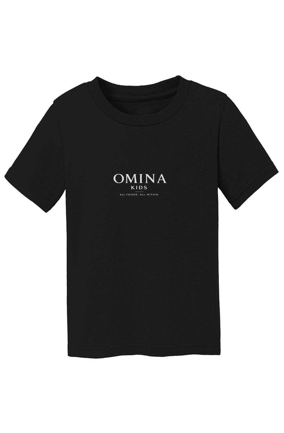 OMINA Kids black cotton t-shirt with minimalist logo print on chest. Comfortable, breathable, and durable for everyday play.