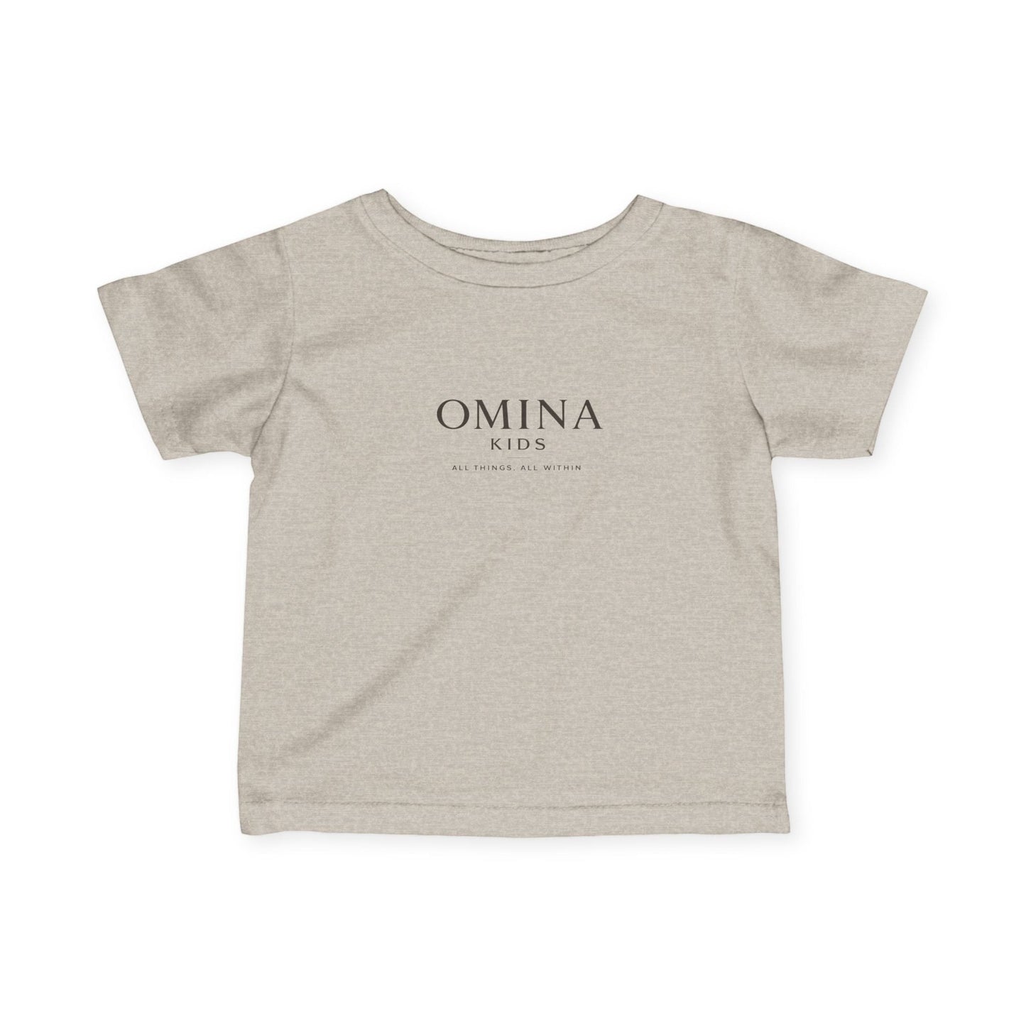 Omina Kids heather grey short-sleeve infant t-shirt with "OMINA KIDS" logo on the front.