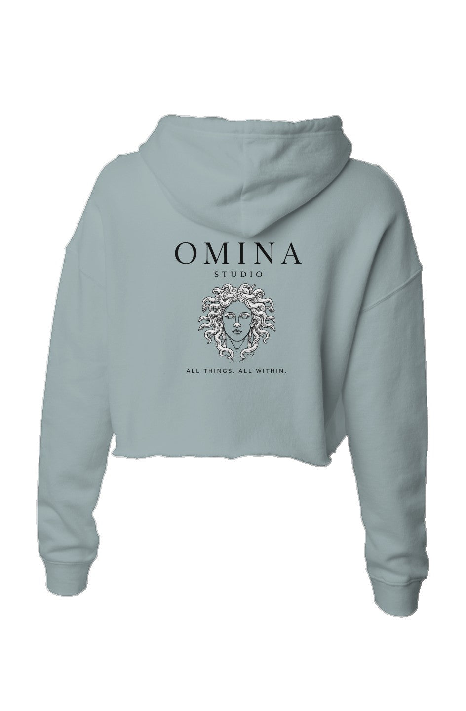 Omina Studio light blue lightweight cropped hoodie with adjustable drawstring hood and raw hem. Features graphic.