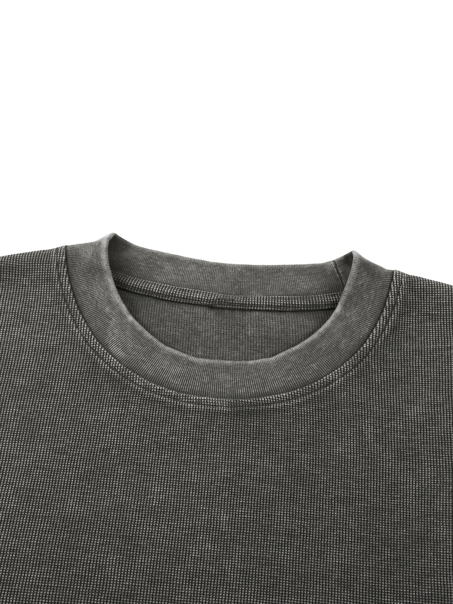 Omina charcoal grey mineral wash waffle knit t-shirt with ribbed crew neck and drop shoulders.