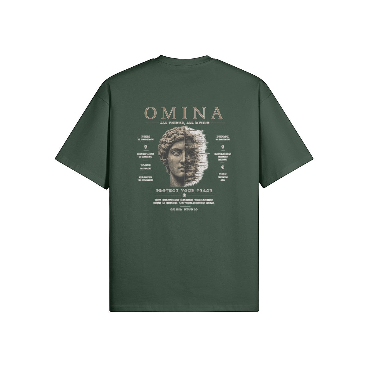 Omina Studio dark green cotton t-shirt with "Protect Your Peace" graphic on back and Omina logo on front.