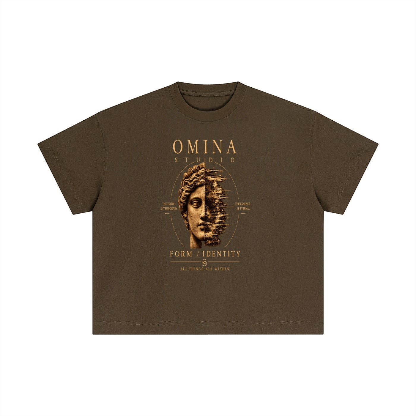 Omina Studio brown cotton boxy t-shirt with a faded statue face graphic and minimalist text.