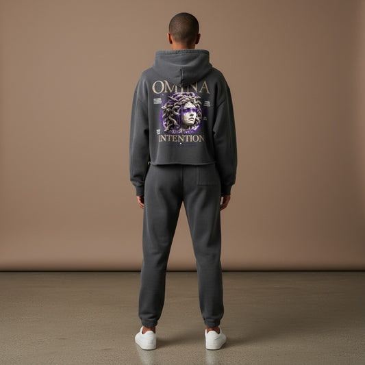 OMINA Studio women's charcoal grey heavyweight hoodie with oversized fit, drop shoulders, and graphic print of Medusa.