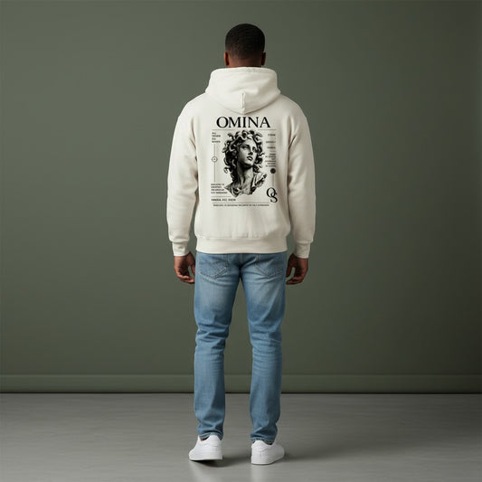 Omina Studio cream cotton hoodie with a large graphic print of the Medusa bust, inspired by classical sculpture.