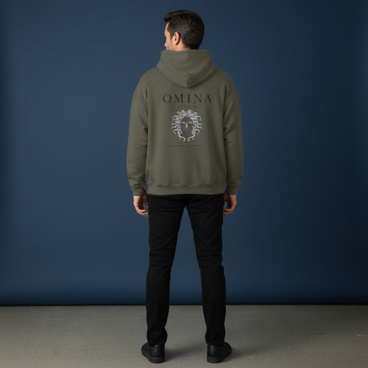 OMINA Studio olive green heavyweight cotton hoodie with Medusa artwork and "All Things, All Within" text.