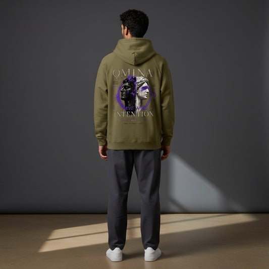 Omina Studio olive green zip-up hoodie with a graphic print of split classical busts and text.