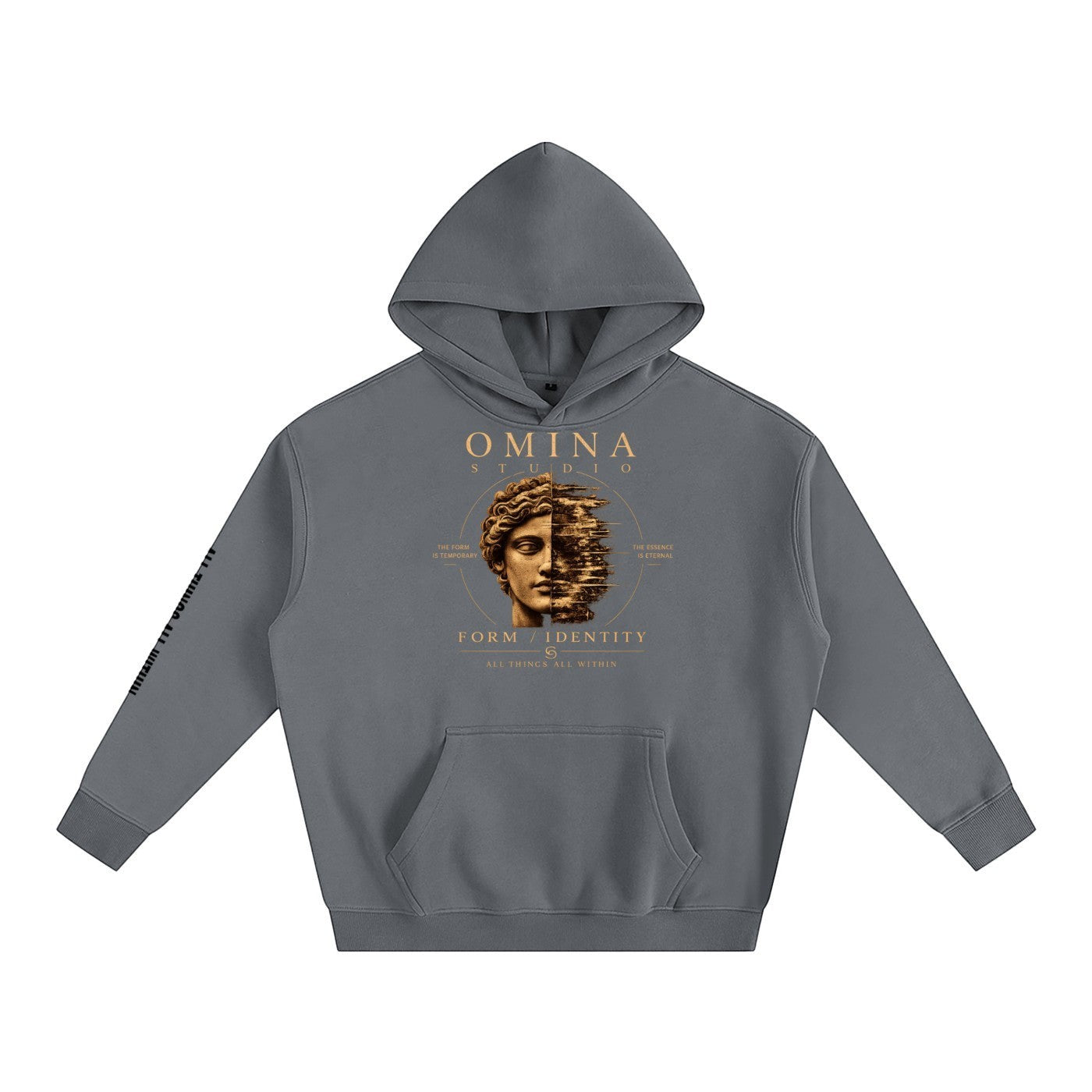 Omina Studio charcoal grey oversized fleeced hoodie with a graphic print of a split face and text.