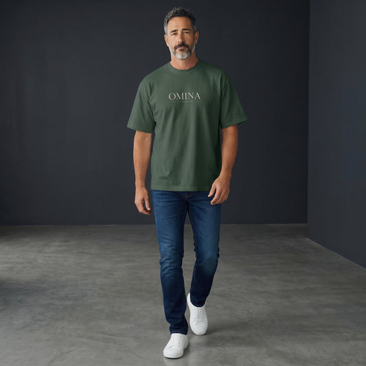 Omina Studio dark green heavyweight cotton t-shirt with minimalist chest logo and oversized back print.