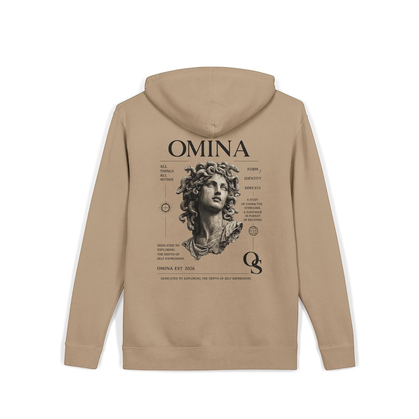 Omina beige pigment-dyed cotton blend hoodie with vintage statue graphic and typography on back.