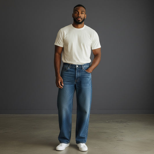 OMINA Essentials vintage wash baggy denim jeans with a relaxed fit and wide-leg silhouette in blue.