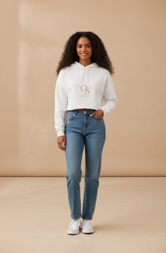 Omina white lightweight cotton blend cropped hoodie with drawstring hood and subtle Omina Studio logo.