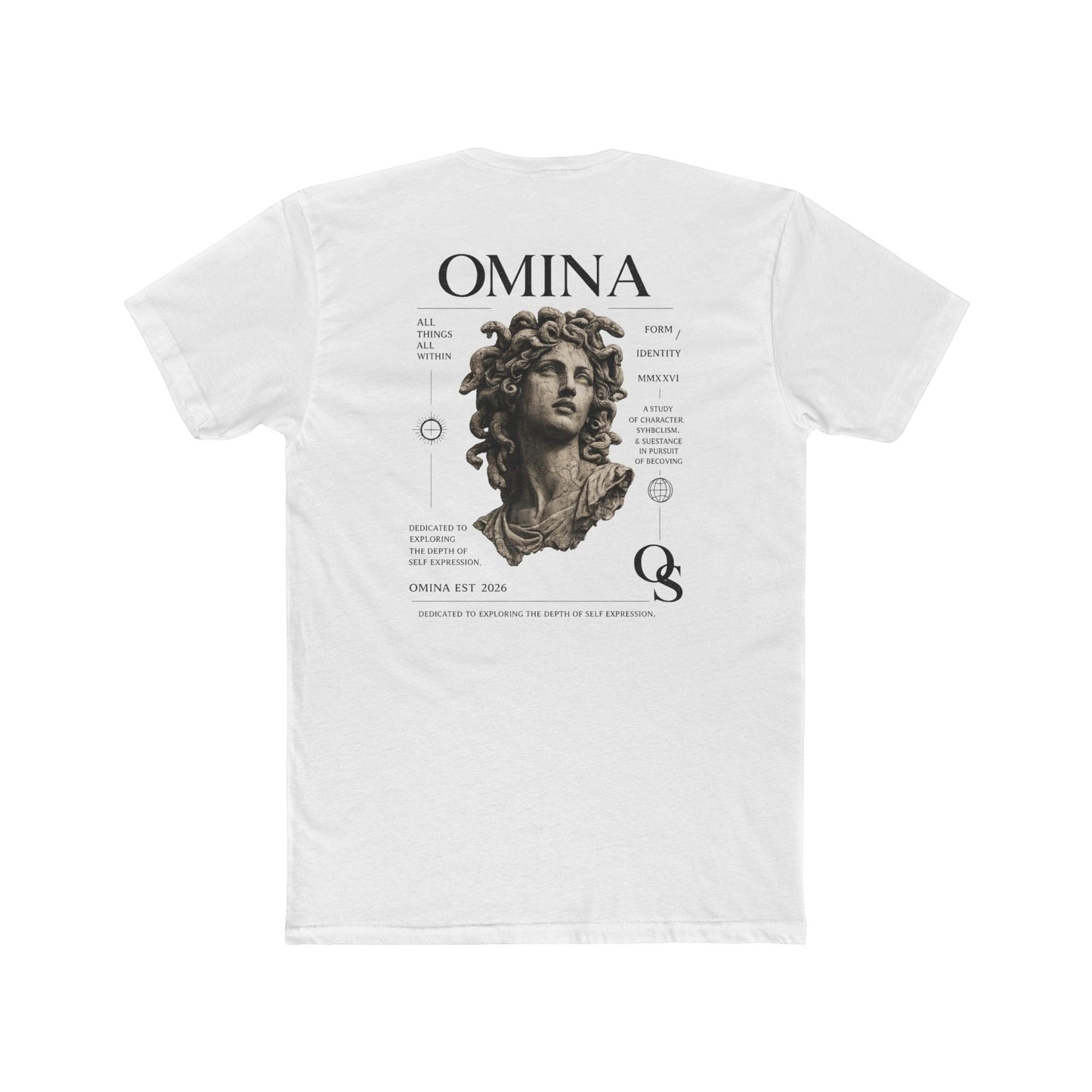 Omina Studio white cotton t-shirt with a graphic of Medusa's head and text.