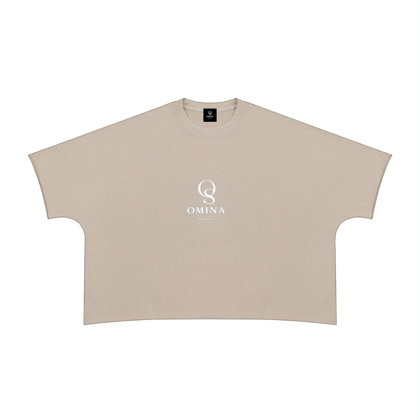 Omina beige 100% cotton unisex heavyweight boxy t-shirt with raw edge hem and crew neck, featuring a white Omina Studio logo on the chest.