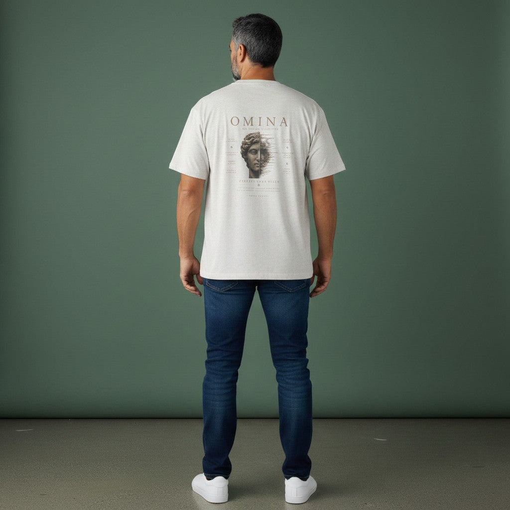 Omina light beige 100% cotton oversized fit crew neck t-shirt with 'Protect Your Peace' graphic and Roman bust.