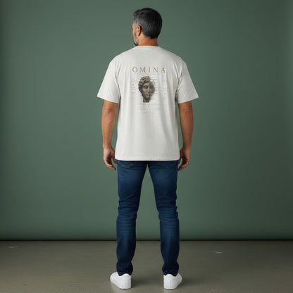 Omina light beige 100% cotton oversized fit crew neck t-shirt with 'Protect Your Peace' graphic and Roman bust.