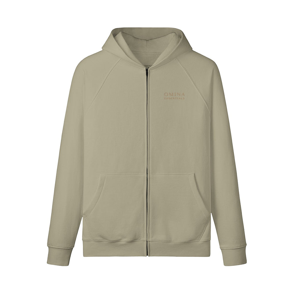 Omina beige full-zip hoodie with raglan sleeves, kangaroo pockets, and brushed fleece interior. Made of 100% combed cotton.