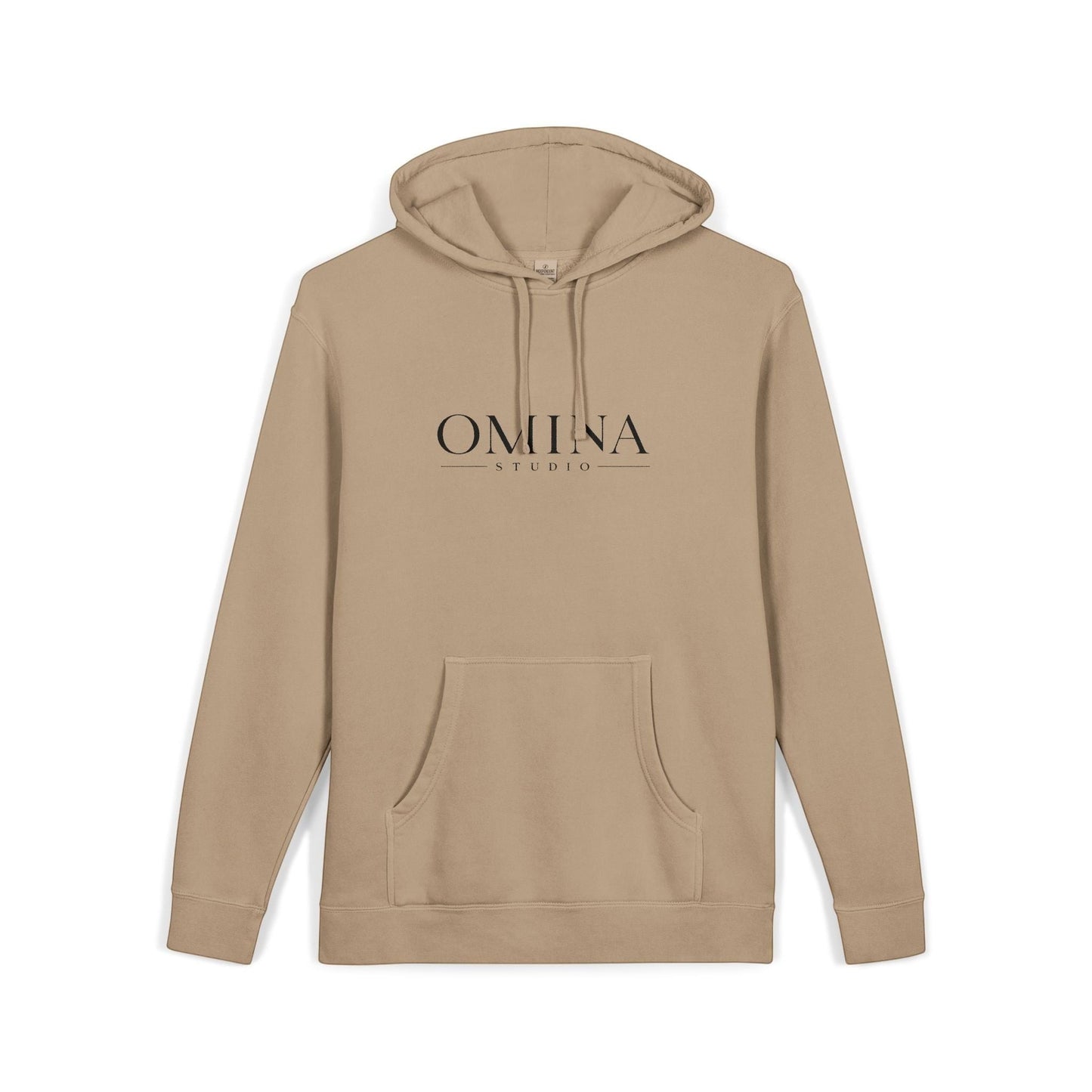Omina beige pigment-dyed cotton blend hoodie with front Omina Studio logo and relaxed fit.
