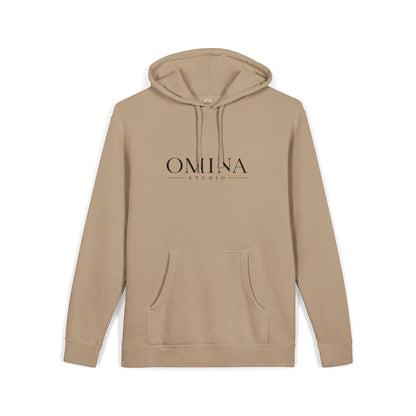 Omina beige pigment-dyed cotton blend hoodie with front Omina Studio logo and relaxed fit.