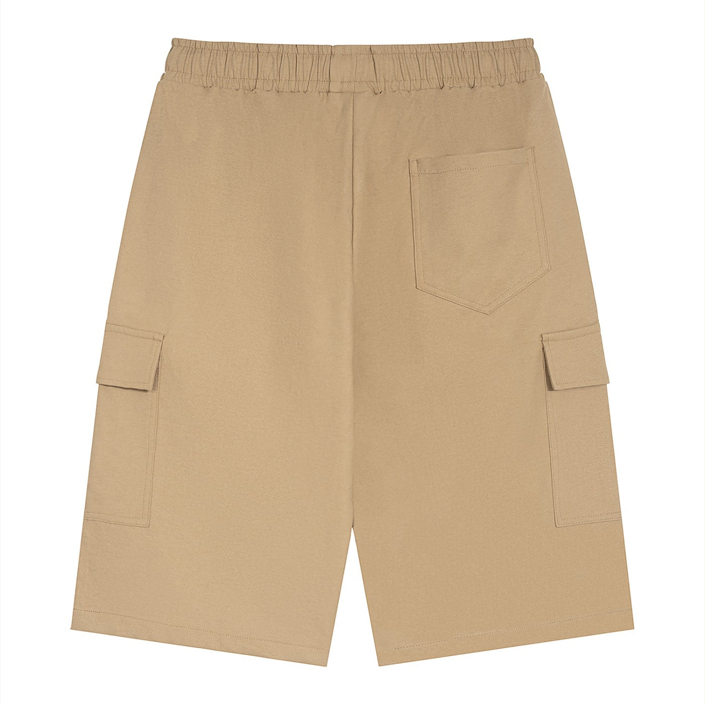 Omina beige polyester cargo shorts with elastic waistband and drawstring, featuring side cargo pockets and a back pocket.