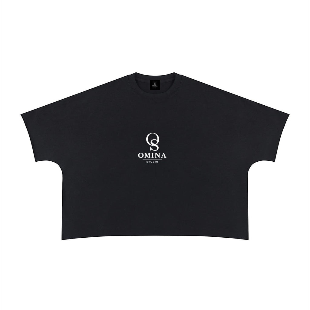 Omina black 100% cotton unisex heavyweight boxy t-shirt with raw edge and white Omina Studio logo.