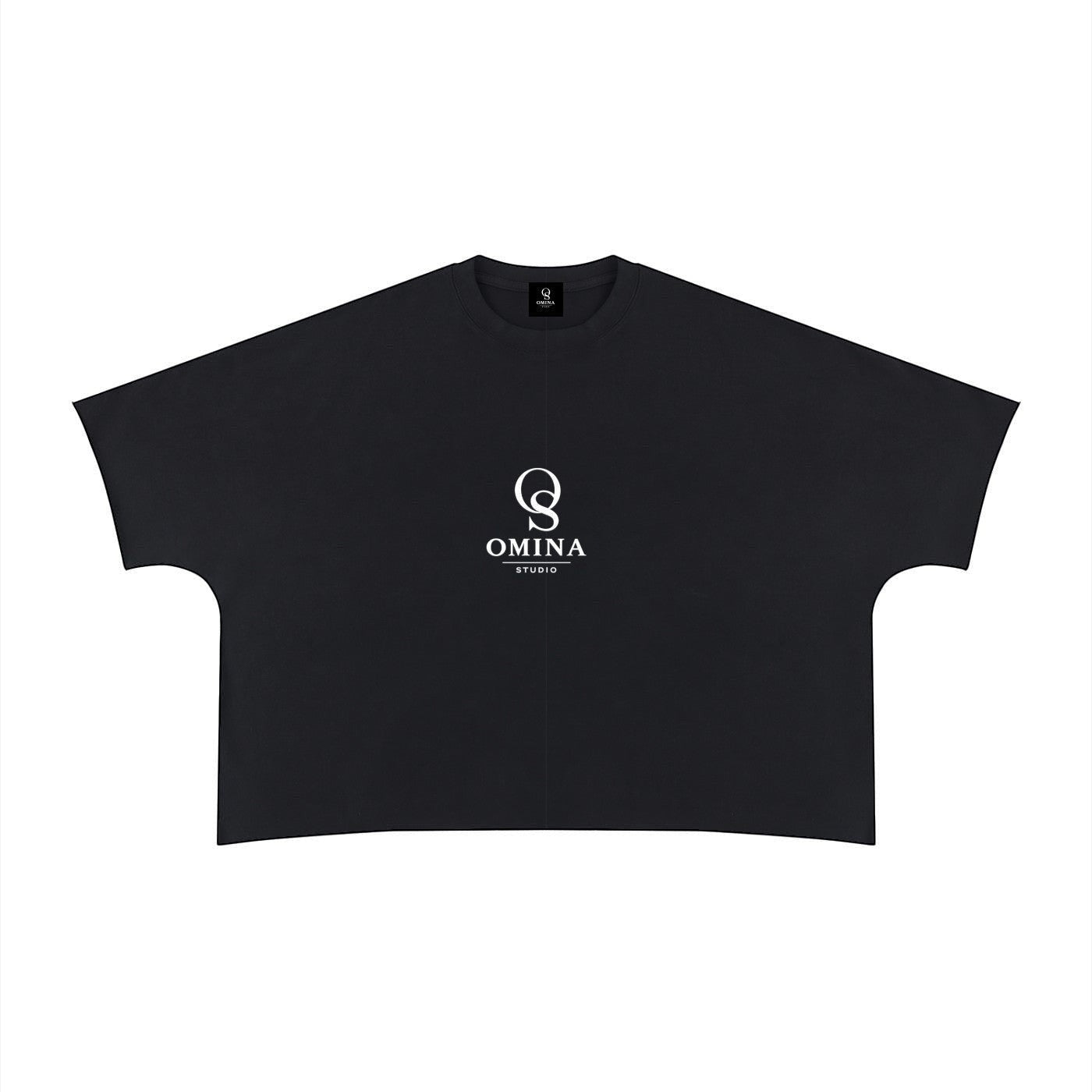 Omina black 100% cotton unisex heavyweight boxy t-shirt with raw edge and white Omina Studio logo.