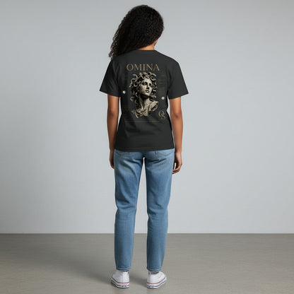 Omina Studio black cotton t-shirt with a graphic of a classical bust and text on the back. Model wears light wash jeans and white sneakers.