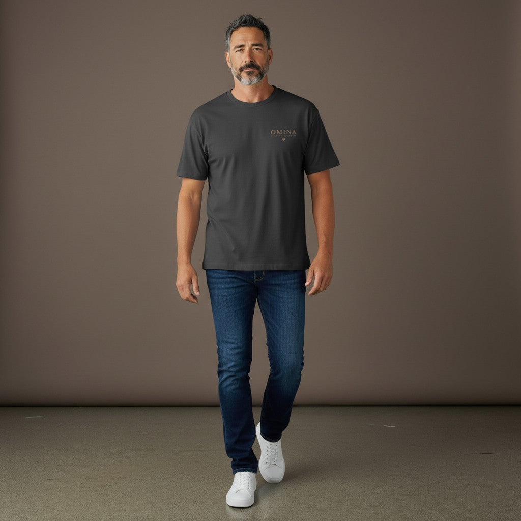 Omina black 100% cotton oversized fit crew neck t-shirt with subtle chest logo.
