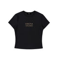 Omina black cotton-spandex blend crewneck t-shirt with "OMINA STUDIO" printed on chest. Bodycon fit.