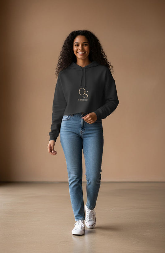 Omina black lightweight cotton-poly blend cropped hoodie with drawstring hood and raw hem.
