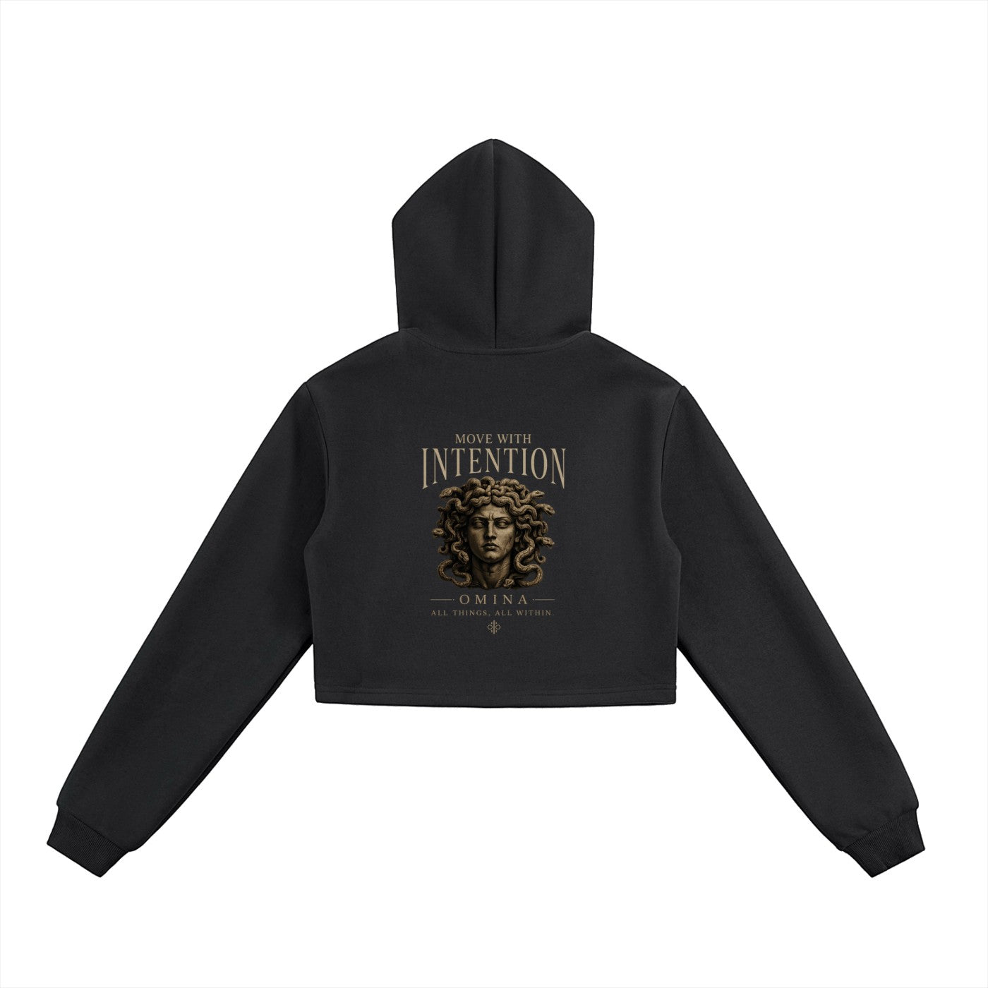 Omina black heavyweight cotton-blend cropped zip hoodie with "Move With Intention" graphic and Medusa imagery.