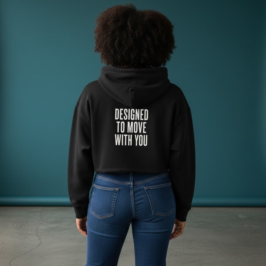 Omina black cotton blend cropped zip-up hoodie with adjustable drawstring hood and text graphic on back.