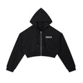 Omina black cotton blend cropped zip-up hoodie with adjustable drawstring hood and drop shoulders.