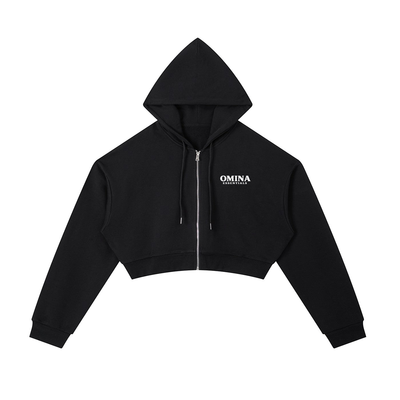 Omina black cotton blend cropped zip-up hoodie with adjustable drawstring hood and drop shoulders.