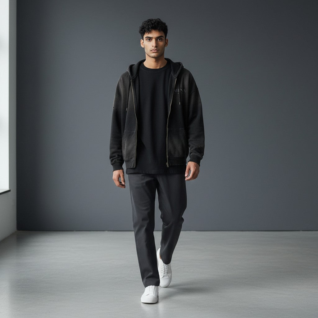 Omina black distressed zip-up hoodie with faded graphic and front pocket. Streetwear style.