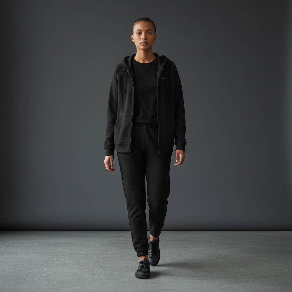 Omina black full-zip hoodie with raglan sleeves, kangaroo pockets, and brushed fleece interior. 100% combed cotton.