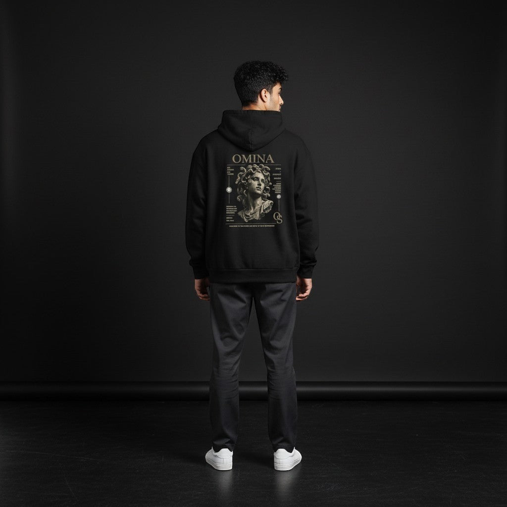 Omina black heavyweight cotton blend oversized hoodie with a graphic print of a classical sculpture and text on the back.