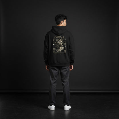 Omina black heavyweight cotton blend oversized hoodie with a graphic print of a classical sculpture and text on the back.
