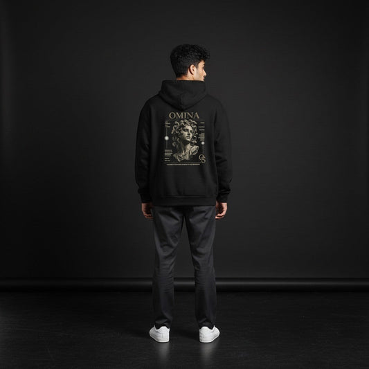 Omina black heavyweight cotton blend oversized hoodie with a graphic print of a classical sculpture and text on the back.