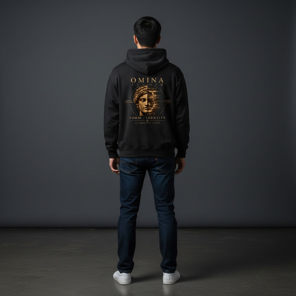 Omina Studio black heavyweight fleece hoodie with a drop-shoulder silhouette and graphic print of a classical bust.