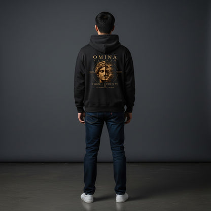 Omina Studio black heavyweight fleece hoodie with a drop-shoulder silhouette and graphic print of a classical bust.