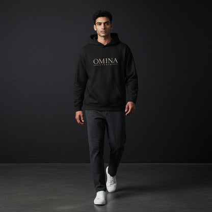 Omina Studio black heavyweight cotton blend oversized hoodie with gold chest logo and graphic back.
