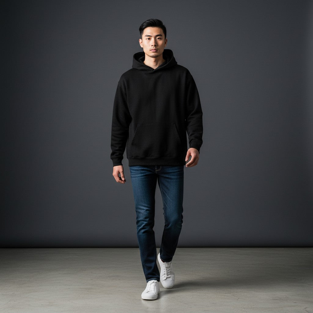 Omina Studio black heavyweight fleece drop-shoulder hoodie with front pocket and double-layer hood.