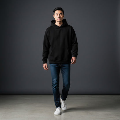 Omina Studio black heavyweight fleece drop-shoulder hoodie with front pocket and double-layer hood.