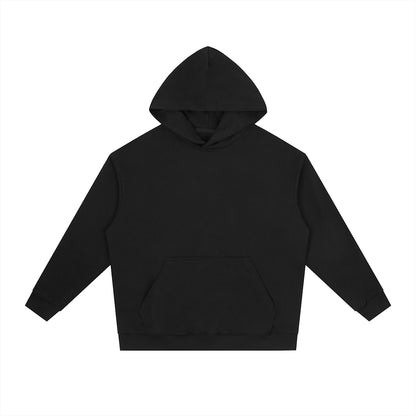 Omina Studio black heavyweight fleece drop-shoulder hoodie with front pocket and double-layer hood.