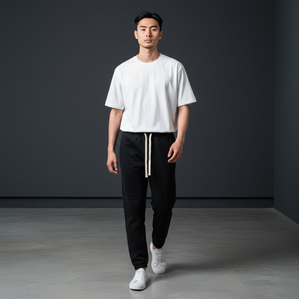 Omina black heavyweight cotton sweatpants with white drawstring and ribbed cuffs. Relaxed oversized fit.