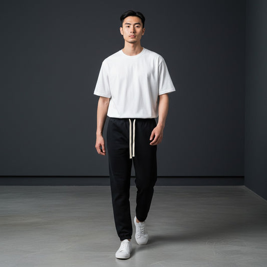 Omina black heavyweight cotton sweatpants with white drawstring and ribbed cuffs. Relaxed oversized fit.